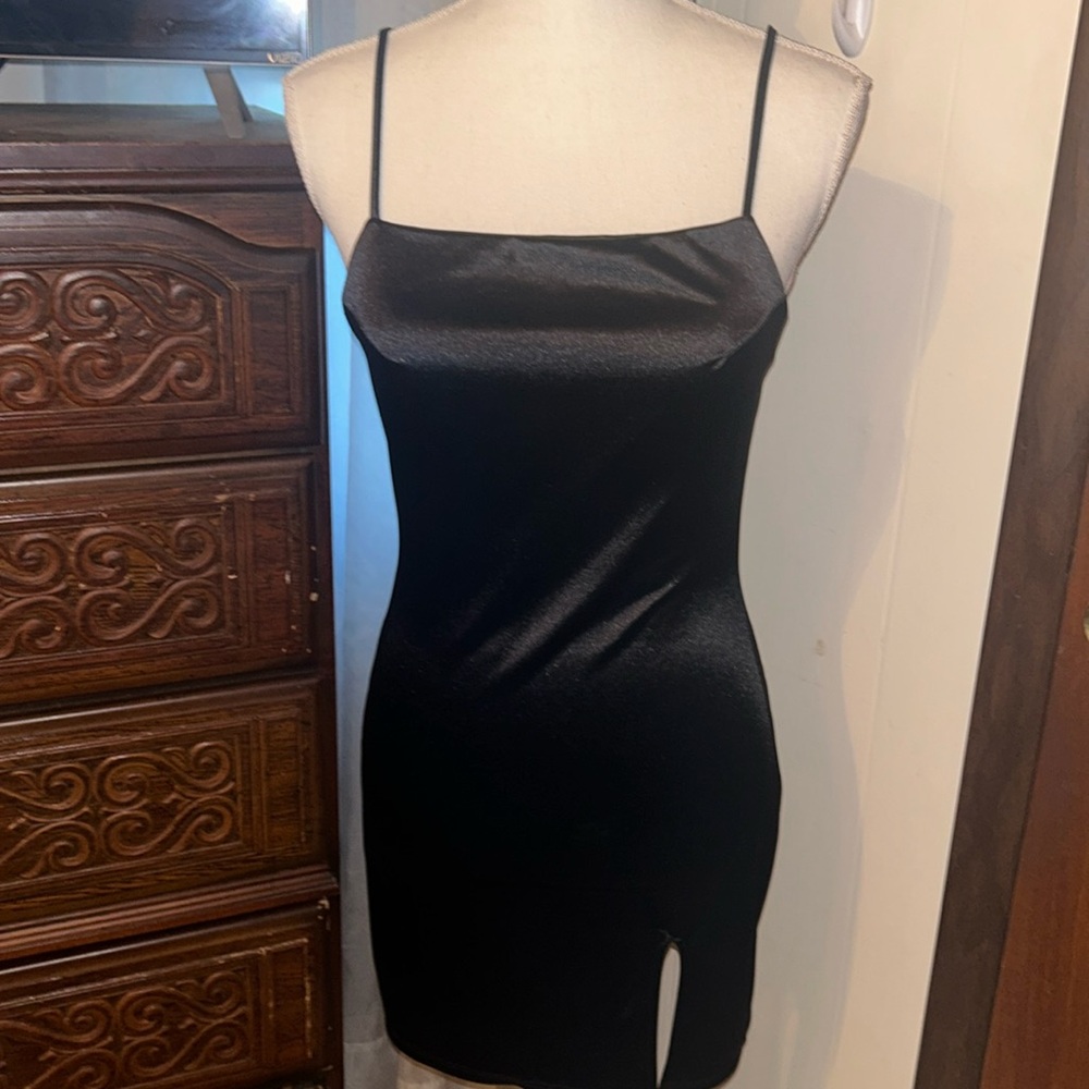 Fashion Nova LBD satin look, side slit. Size medium, stretchy, great fit!